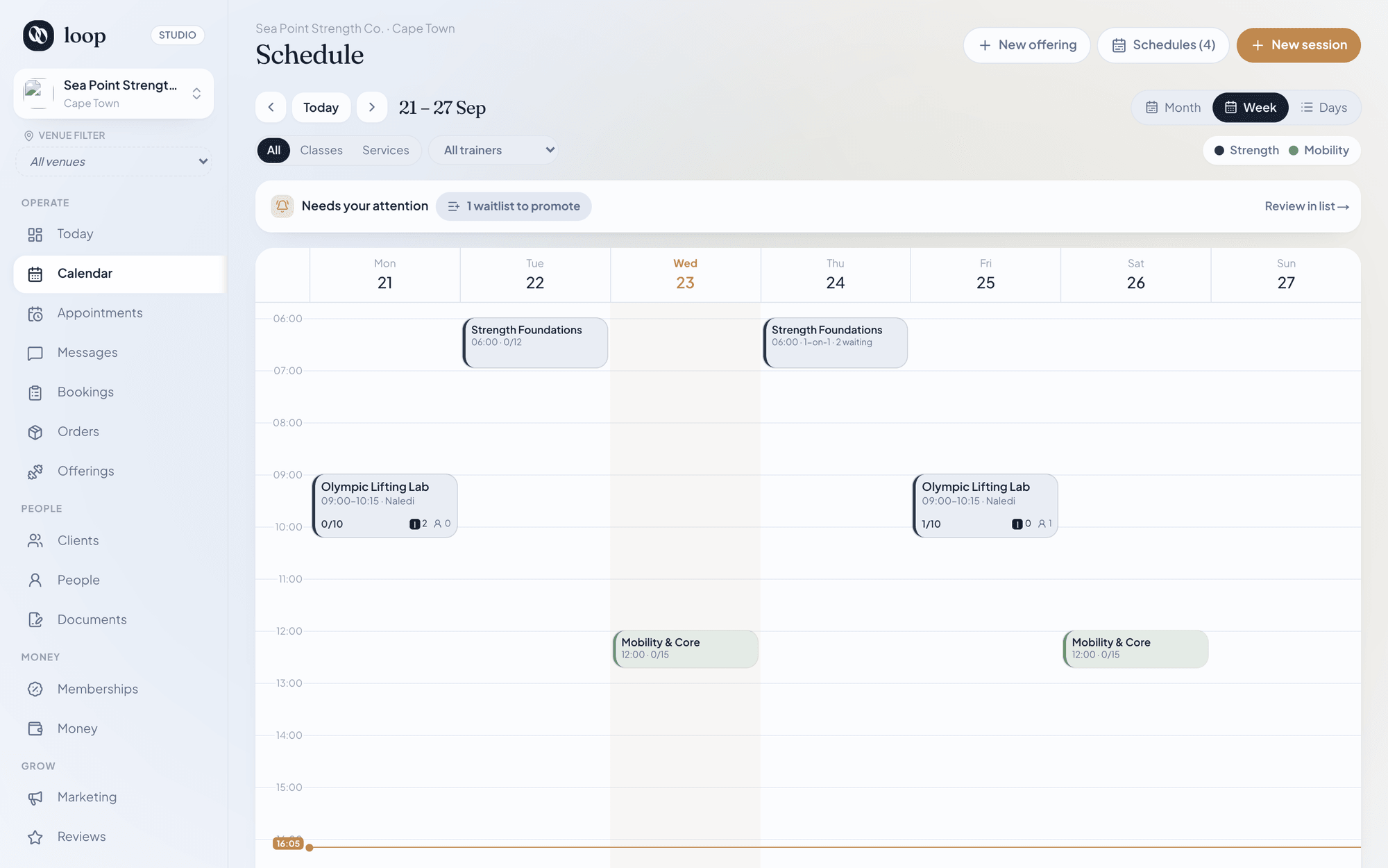 Loop studio calendar, week view, showing classes across a week at Sea Point Strength Co.