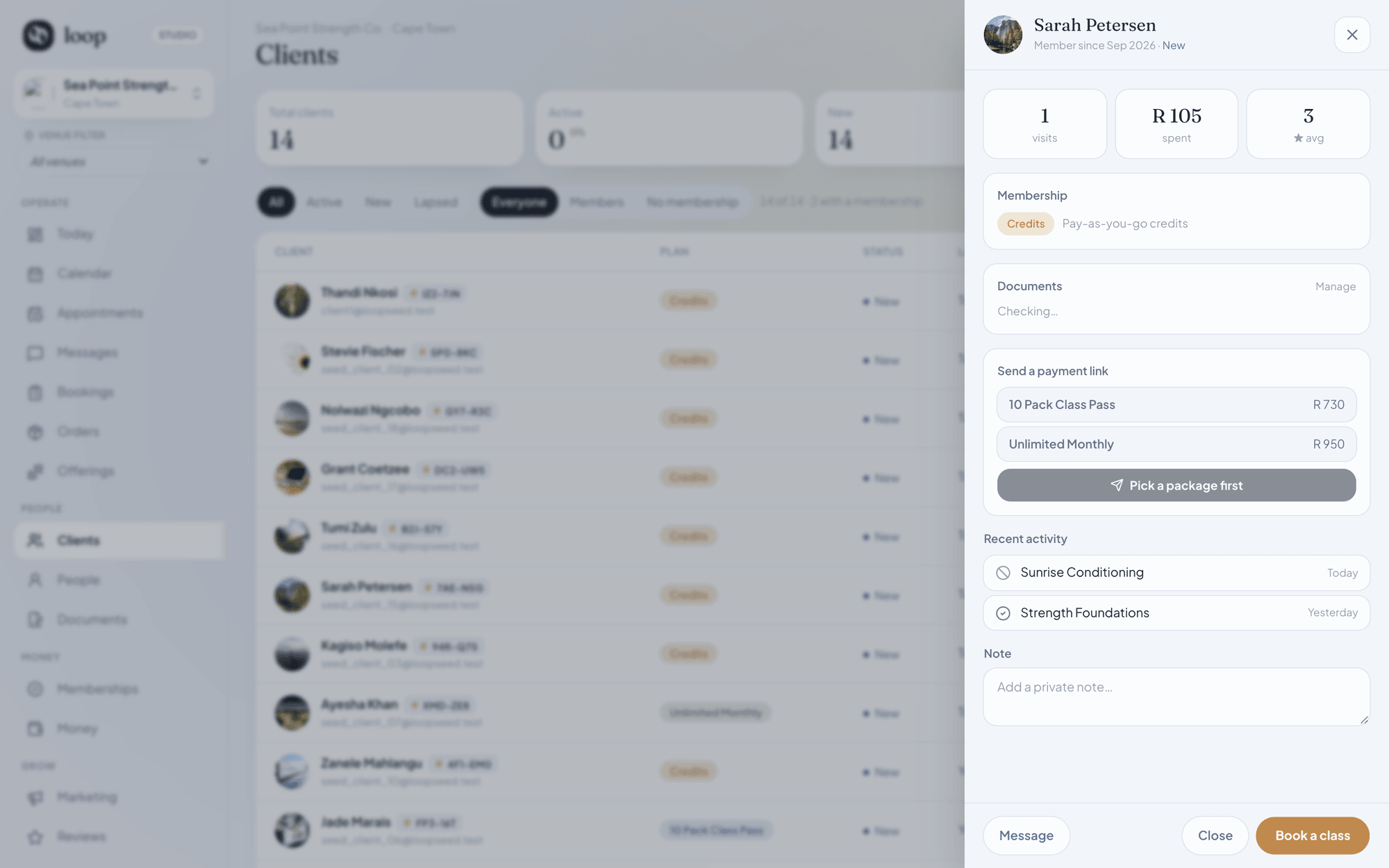 A Loop client card showing that client's bookings, payments and documents