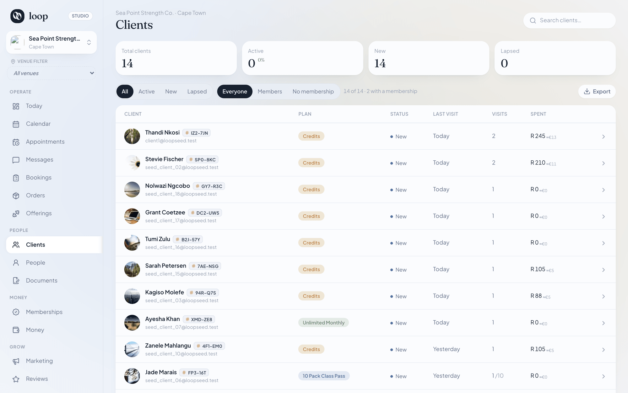 The Loop clients roster, listing members, Loop visitors and their last visit