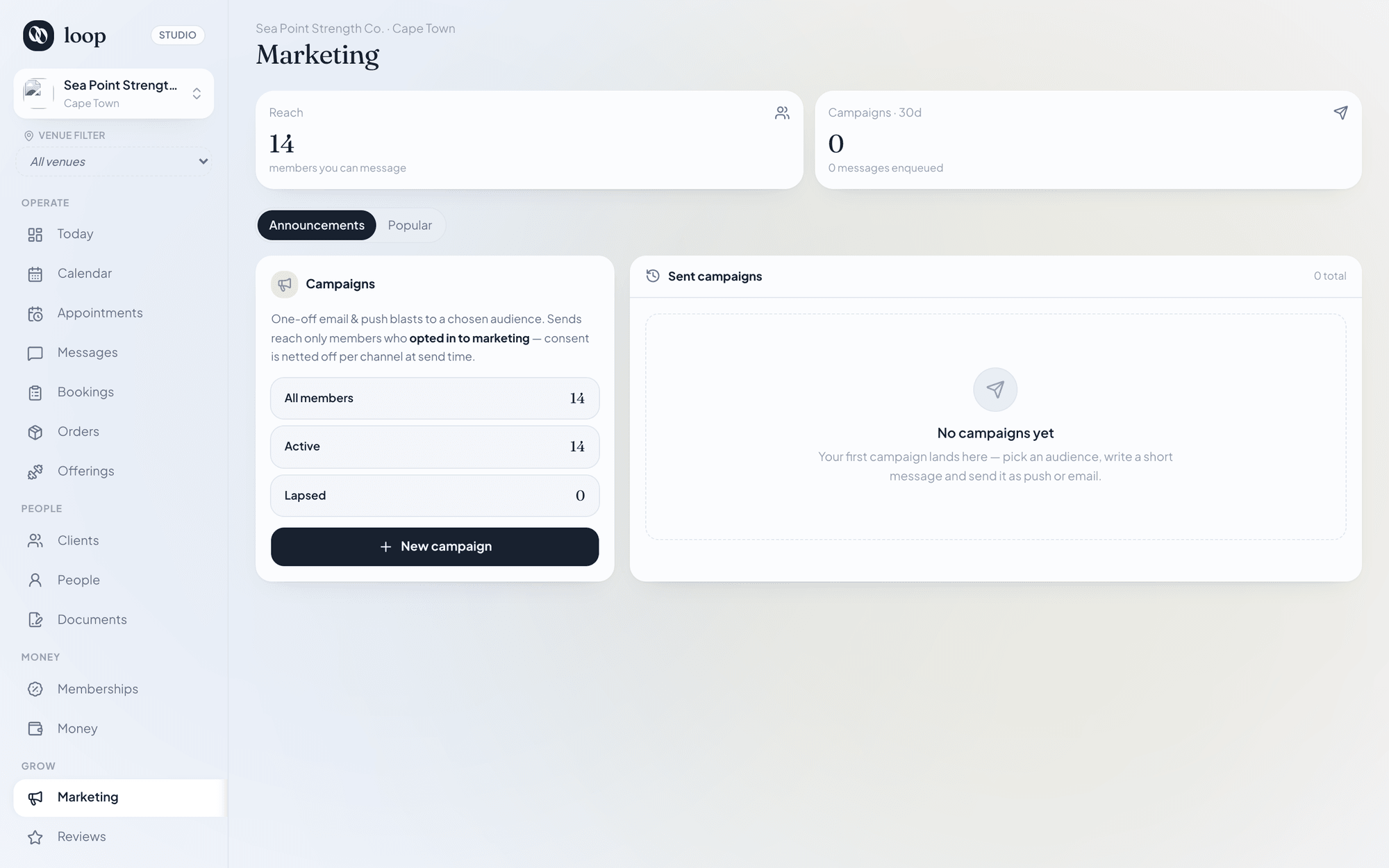 Loop marketing screen composing a campaign to a client segment