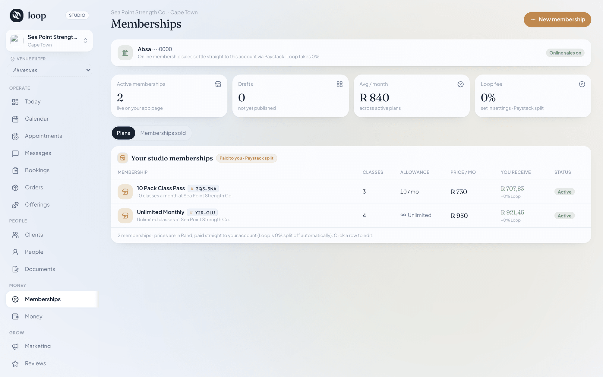 Loop memberships screen showing plans, members and payment status chips