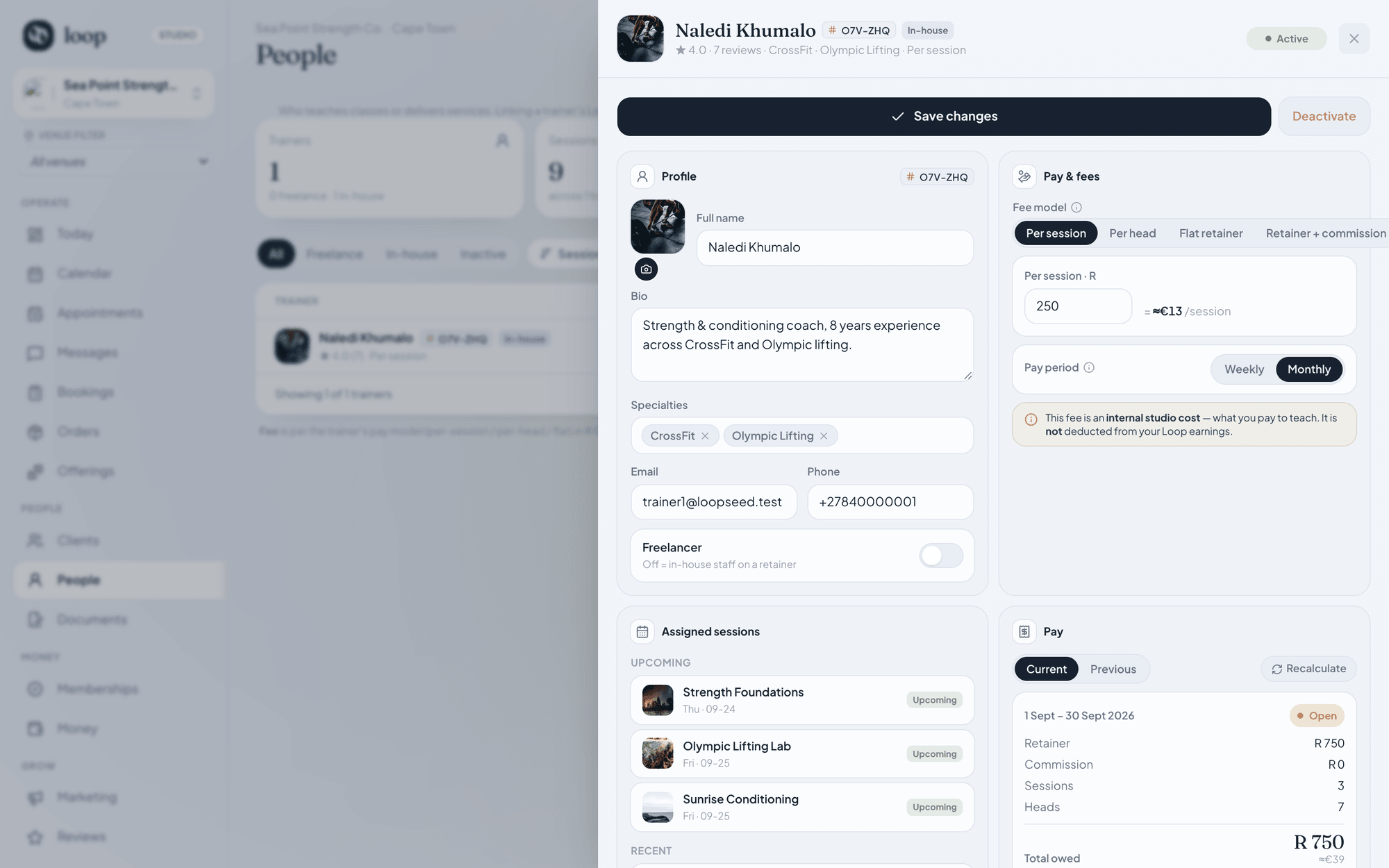 Loop people and pay screen showing trainer pay rules and a pay period