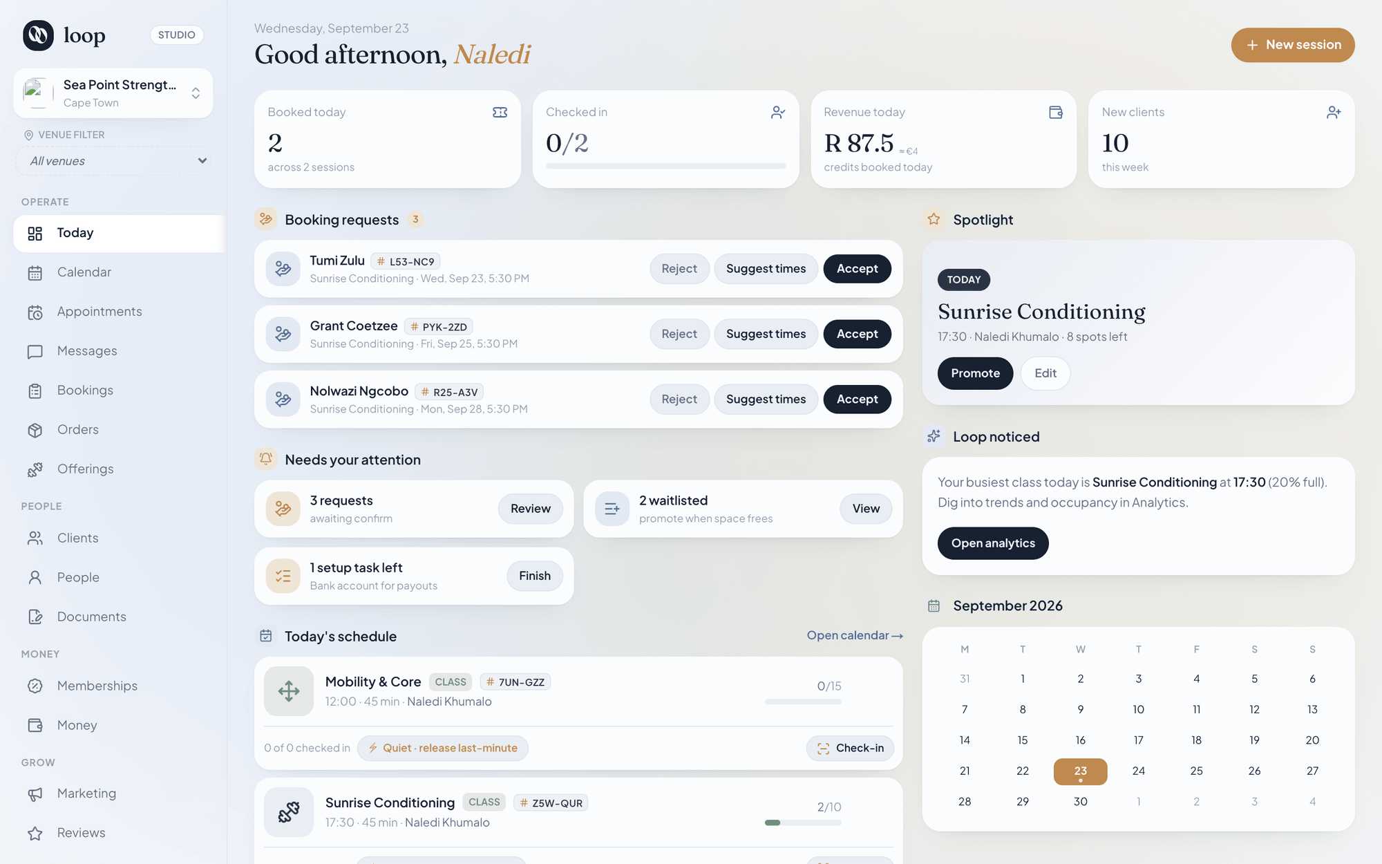 Loop Today dashboard for Sea Point Strength Co., showing today's bookings, revenue and schedule